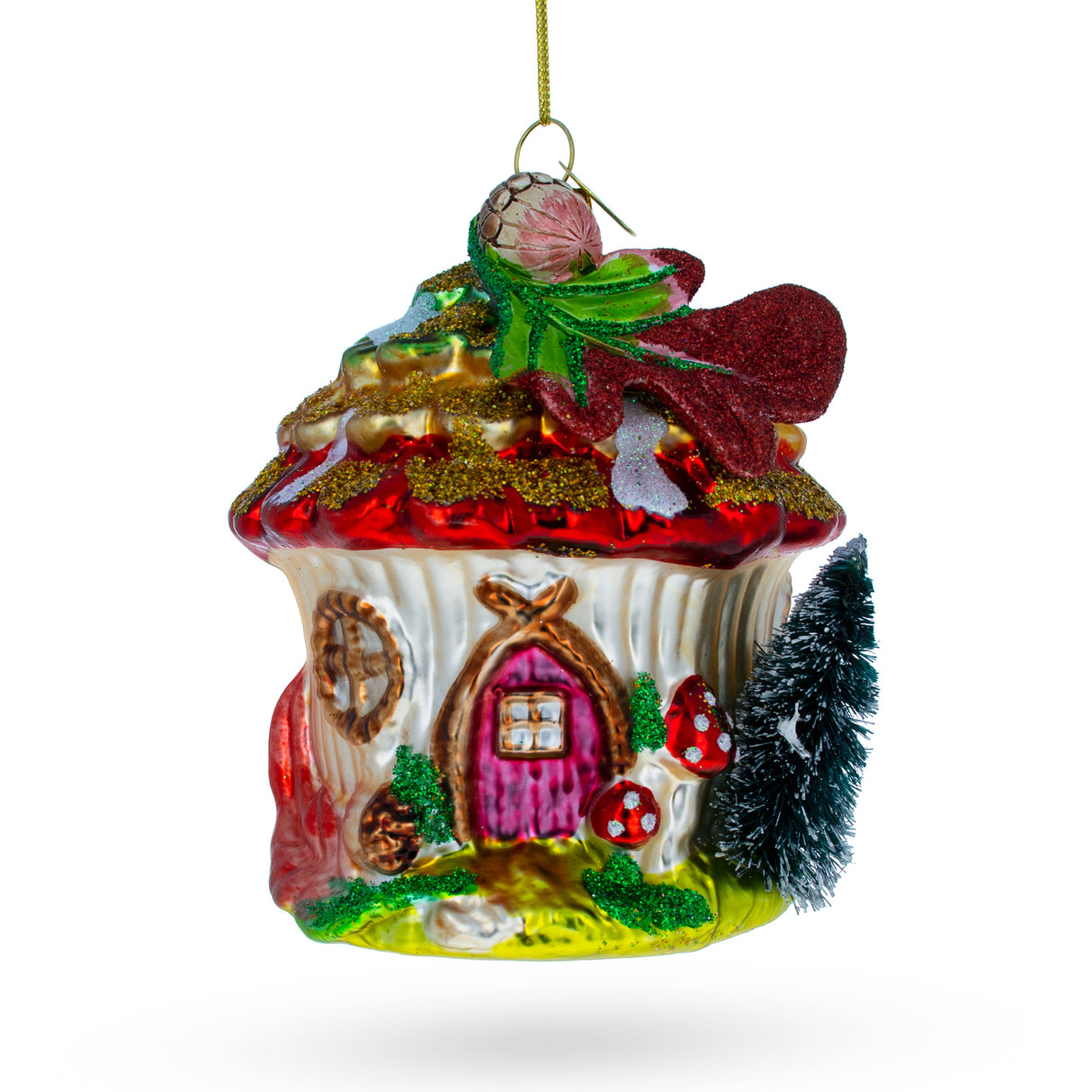 Enchanted Fairy House Nestled in a Woodland Glade - Blown Glass Christmas Ornament in Multi color,  shape