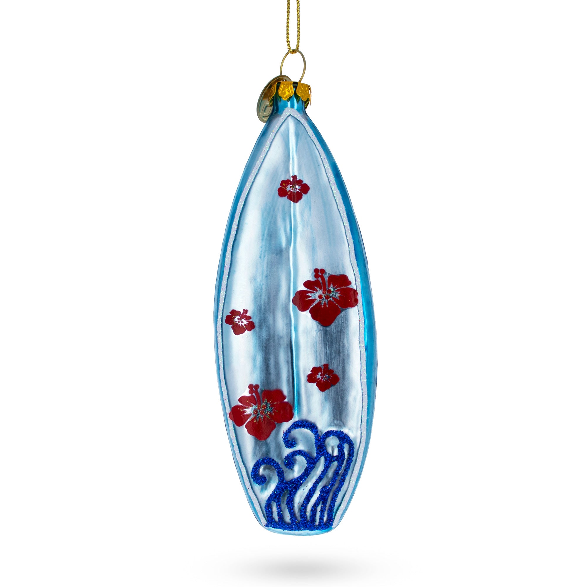 Tropical Vibes Blue Surfboard Blown Glass Christmas Ornament in Multi color Figurine
