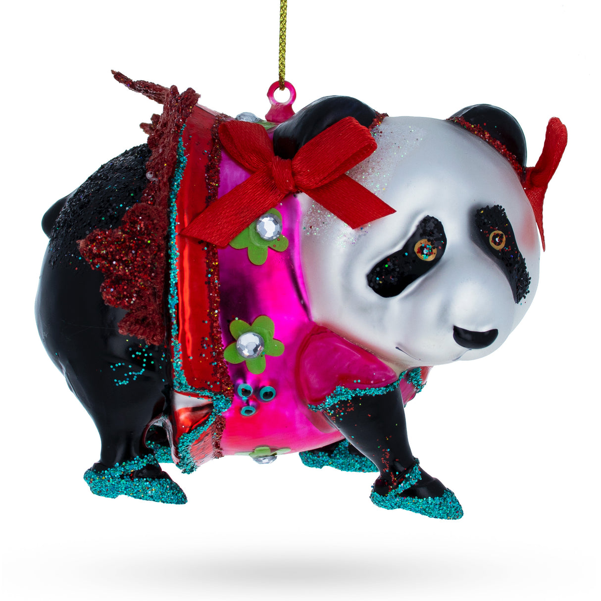Festive Panda in Colorful Dress - Blown Glass Christmas Ornament in Multi color,  shape