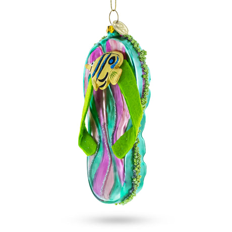 Glass Tropical Turquoise Flip Flops with Fish Design - Blown Glass Christmas Ornament in Multi color