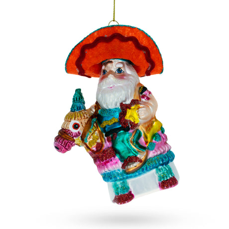Glass Santa Riding a Festive Pinata - Blown Glass Christmas Ornament in Multi color