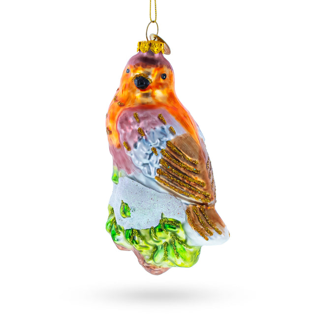 Glass Bird Perched on Snowy Tree Branch - Blown Glass Christmas Ornament in Multi color