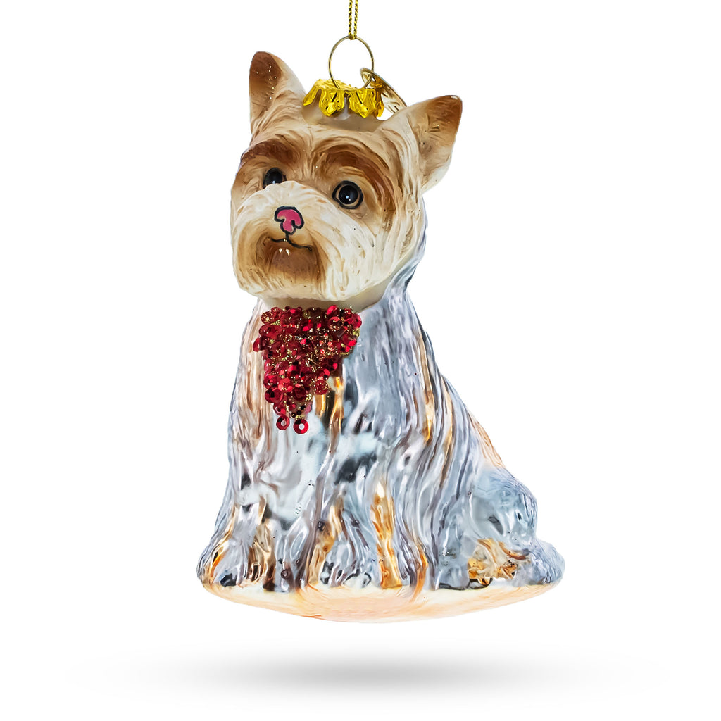 Yorkshire Terrier Glass Christmas Ornament in Silver color Figurine