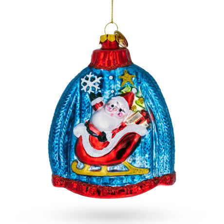 Cozy Blue Christmas Sweater Featuring Santa Blown Glass Christmas Ornament in Multi color