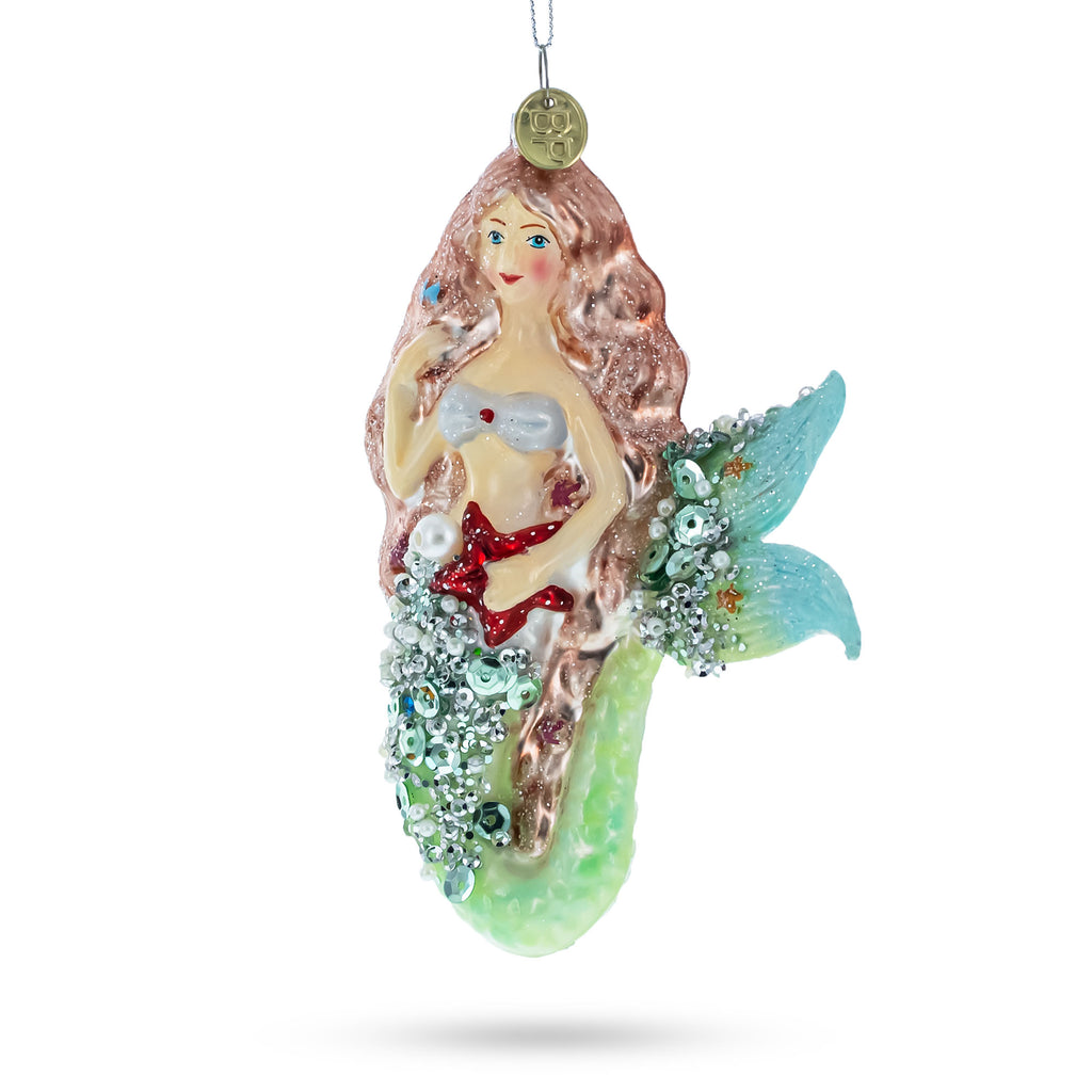 Mermaid and Fish Glass Christmas Ornament in Green color Figurine