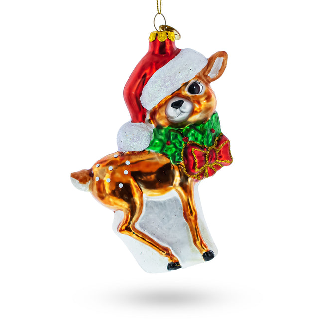 Adorable Deer Fawn in Santa Hat - Blown Glass Christmas Ornament in Multi color,  shape