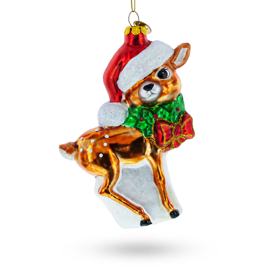 Reindeer with Santa Hat Glass Christmas Ornament in Multi color Figurine
