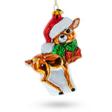 Adorable Deer Fawn in Santa Hat Glass Christmas Ornament in Multi color