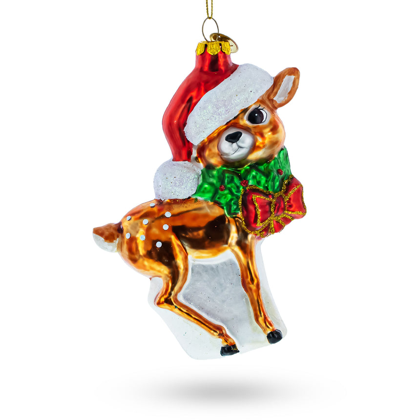 Adorable Deer Fawn in Santa Hat Glass Christmas Ornament in Multi color