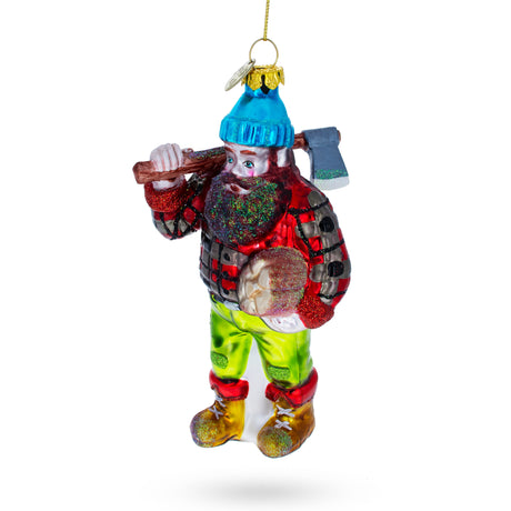 Glass Rugged Lumberjack Carrying Log - Blown Glass Christmas Ornament in Multi color