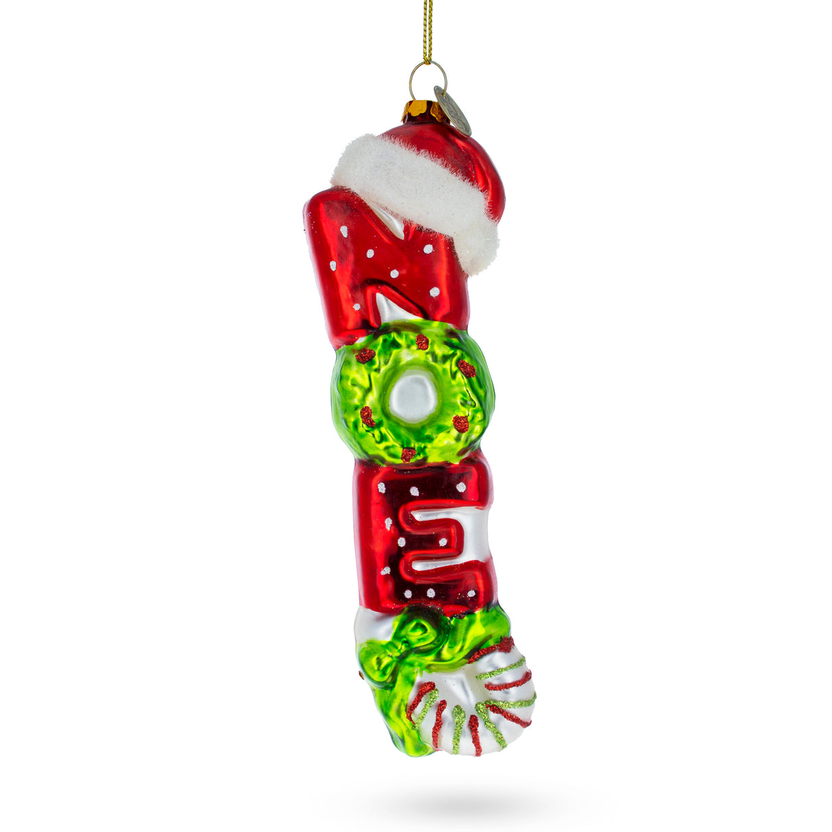 "Noel" Sign Topped with Santa Hat - Blown Glass Christmas Ornament in Multi color,  shape