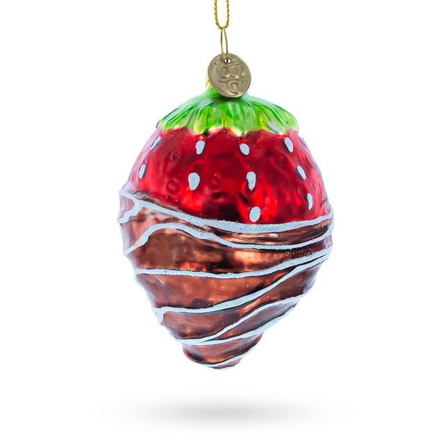 Decadent Chocolate-Dipped Strawberry - Blown Glass Christmas Ornament in Multi color, Oval shape