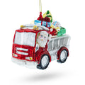 Santa Driving a Dump Truck Full of Presents Glass Christmas Ornament in Red color Figurine