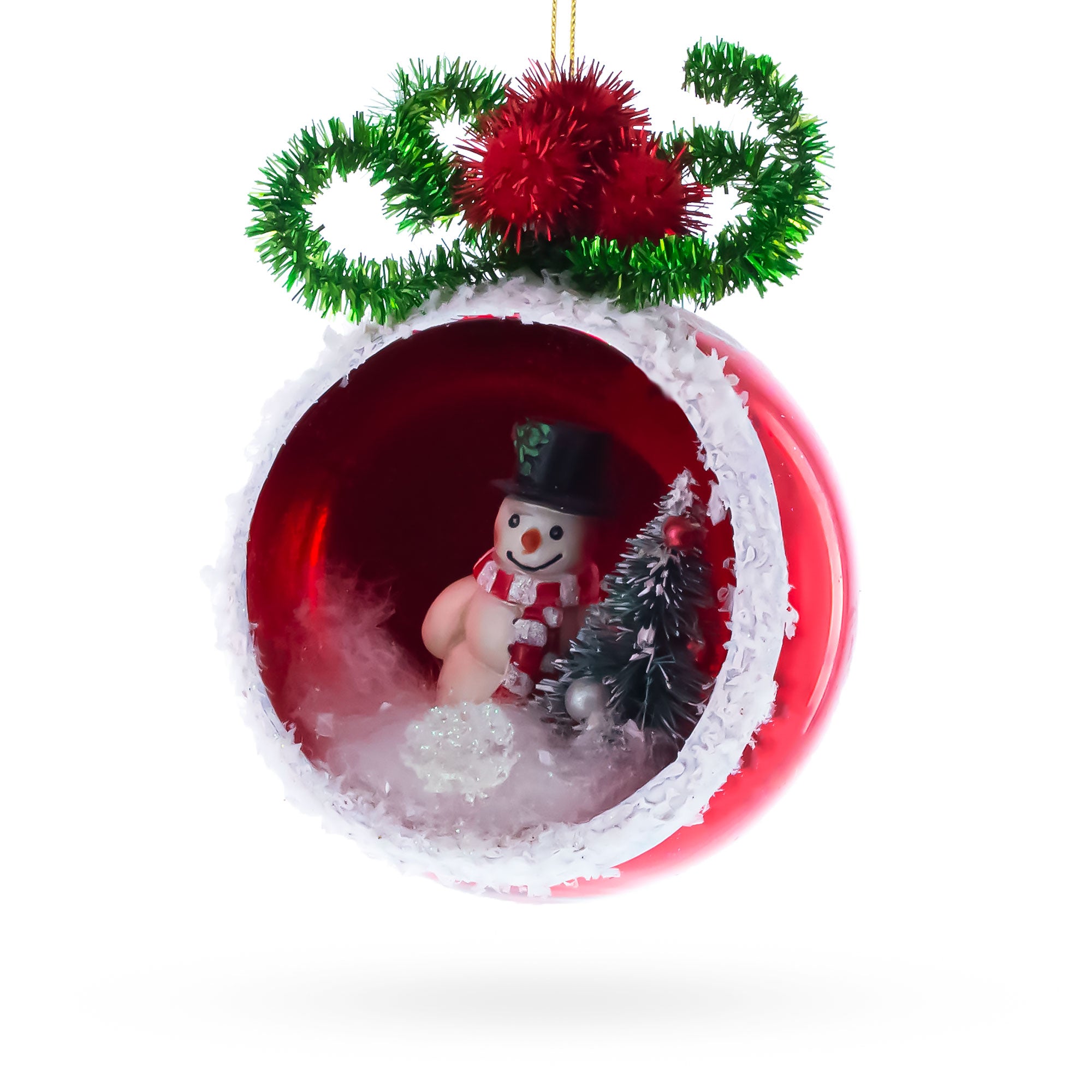 Festive Snowman and Christmas Tree Blown Glass Ornament in Multi color Figurine