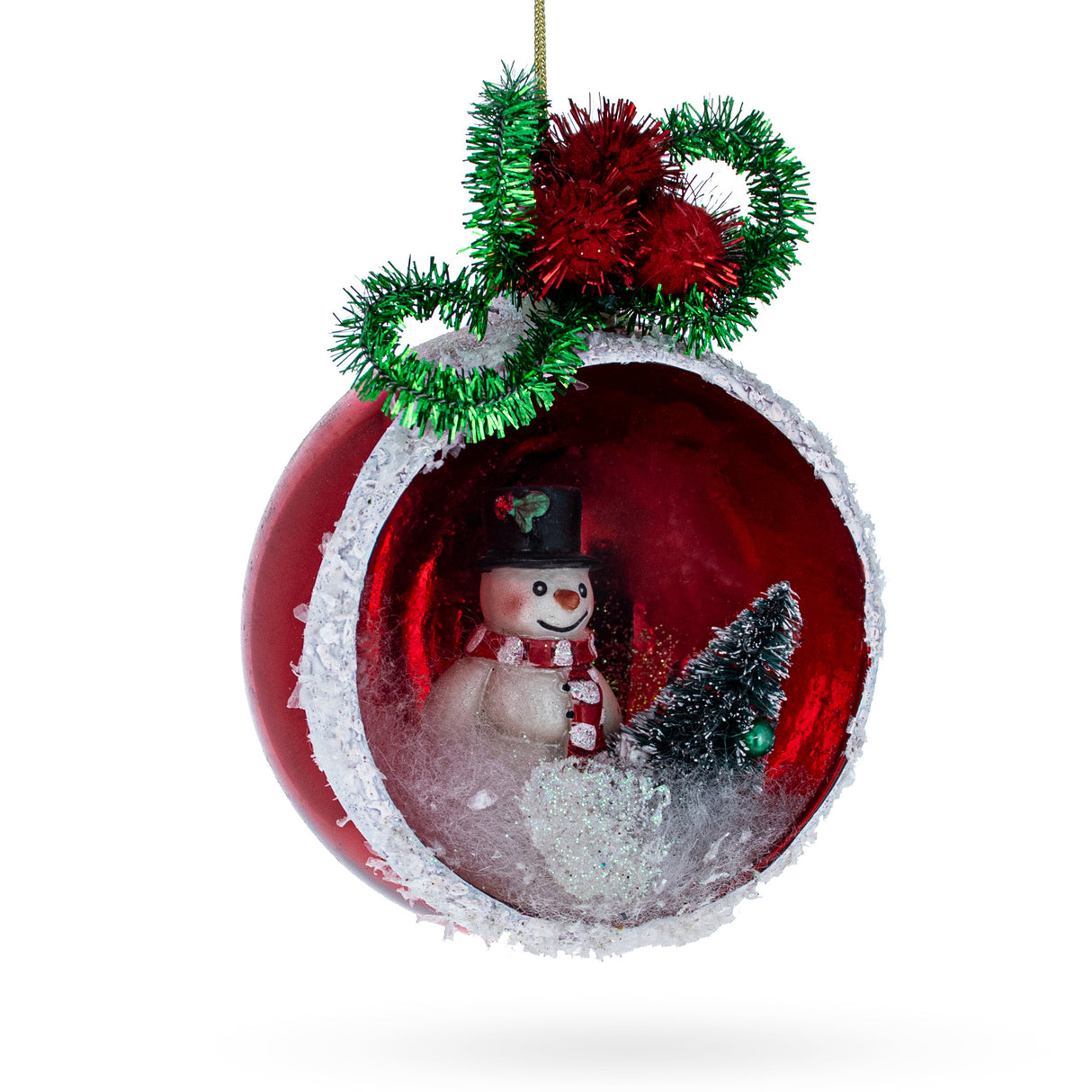 Festive Snowman and His Christmas Tree - Blown Glass Ornament in Multi color,  shape