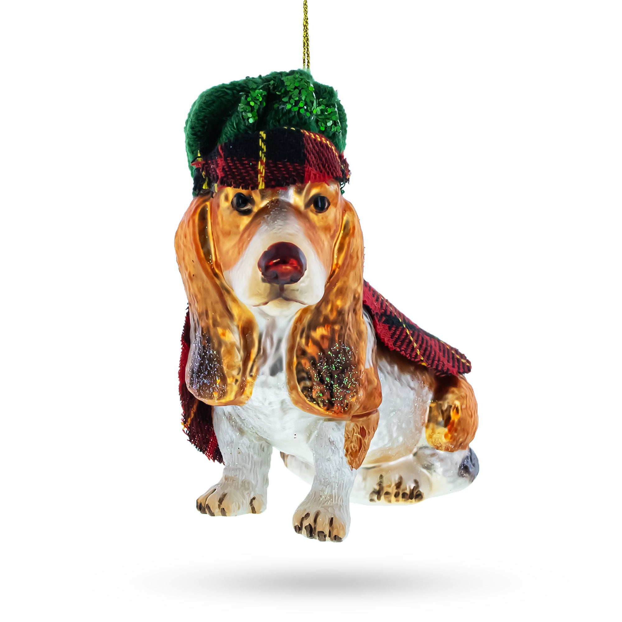 Hound in Tartan Cape and Plaid Hat Glass Christmas Ornament in Brown color Figurine