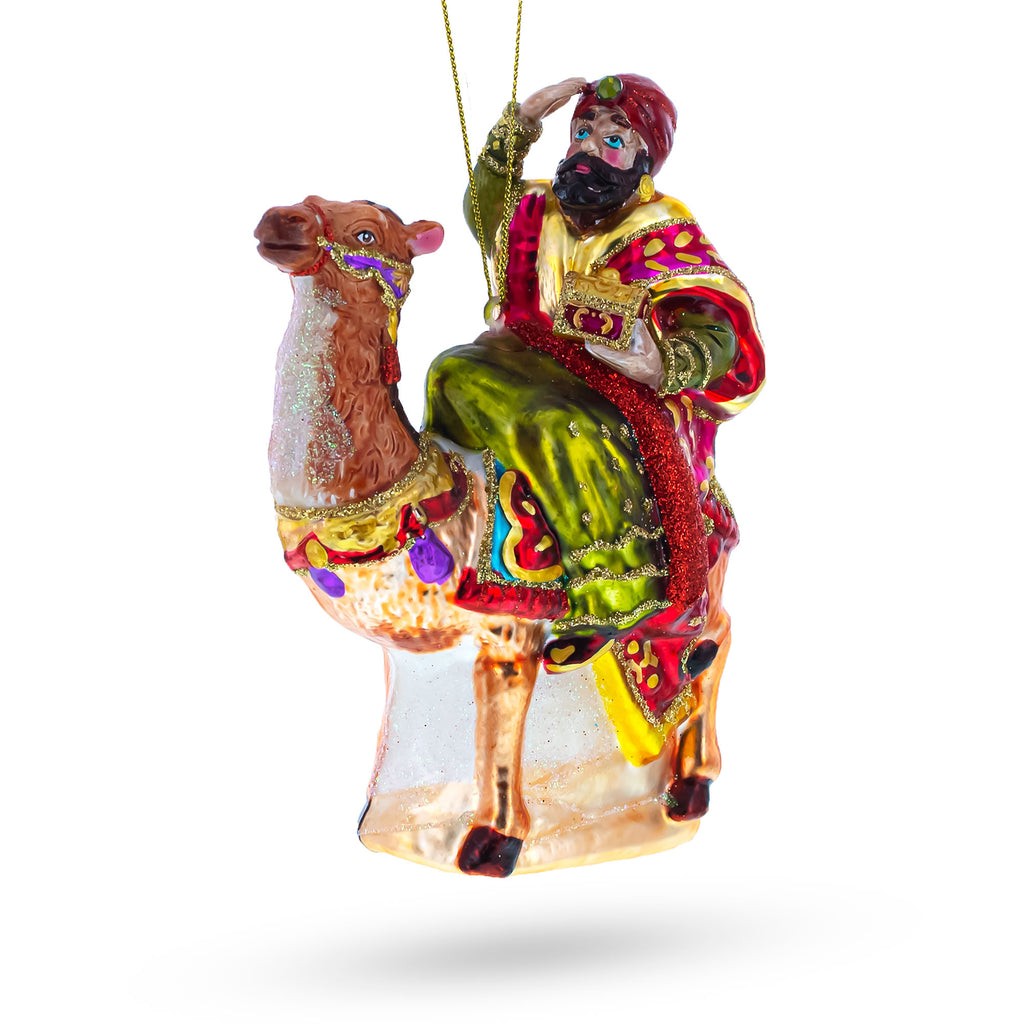 Glass Majestic Wiseman Riding a Camel - Blown Glass Christmas Ornament in Multi color
