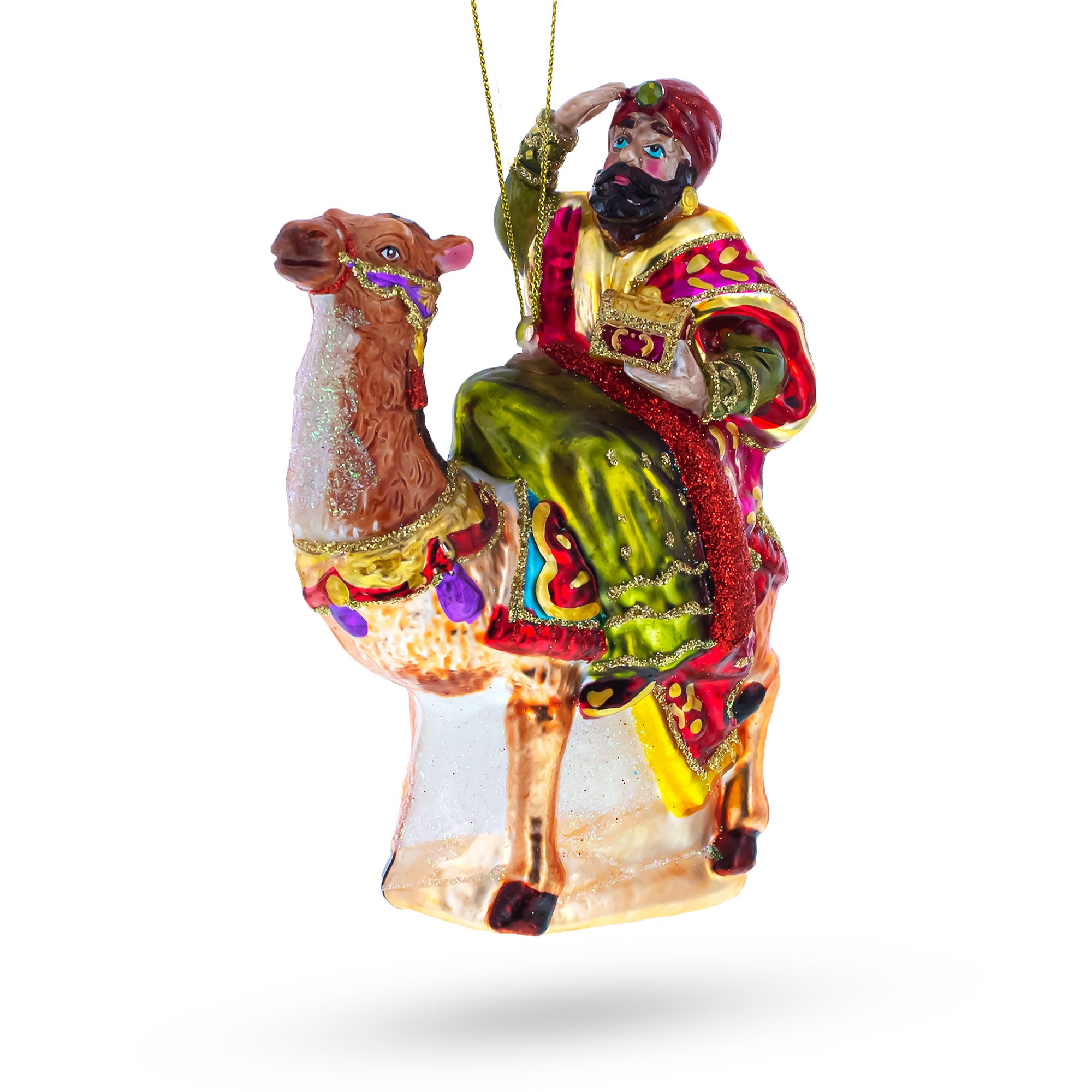 Wiseman Riding a Camel Glass Christmas Ornament in Green color Figurine