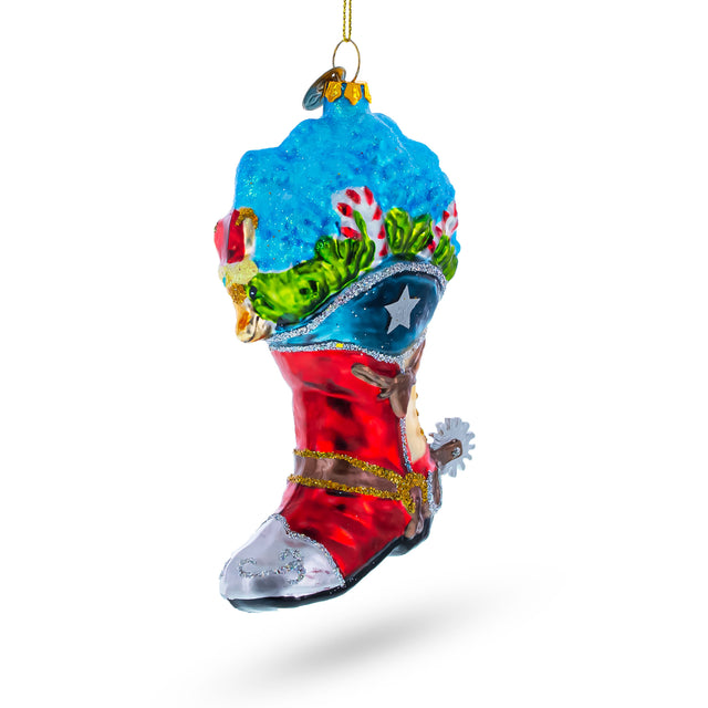 Western Charm: Cowboy Boot with Candy Canes - Blown Glass Christmas Ornament in Multi color,  shape