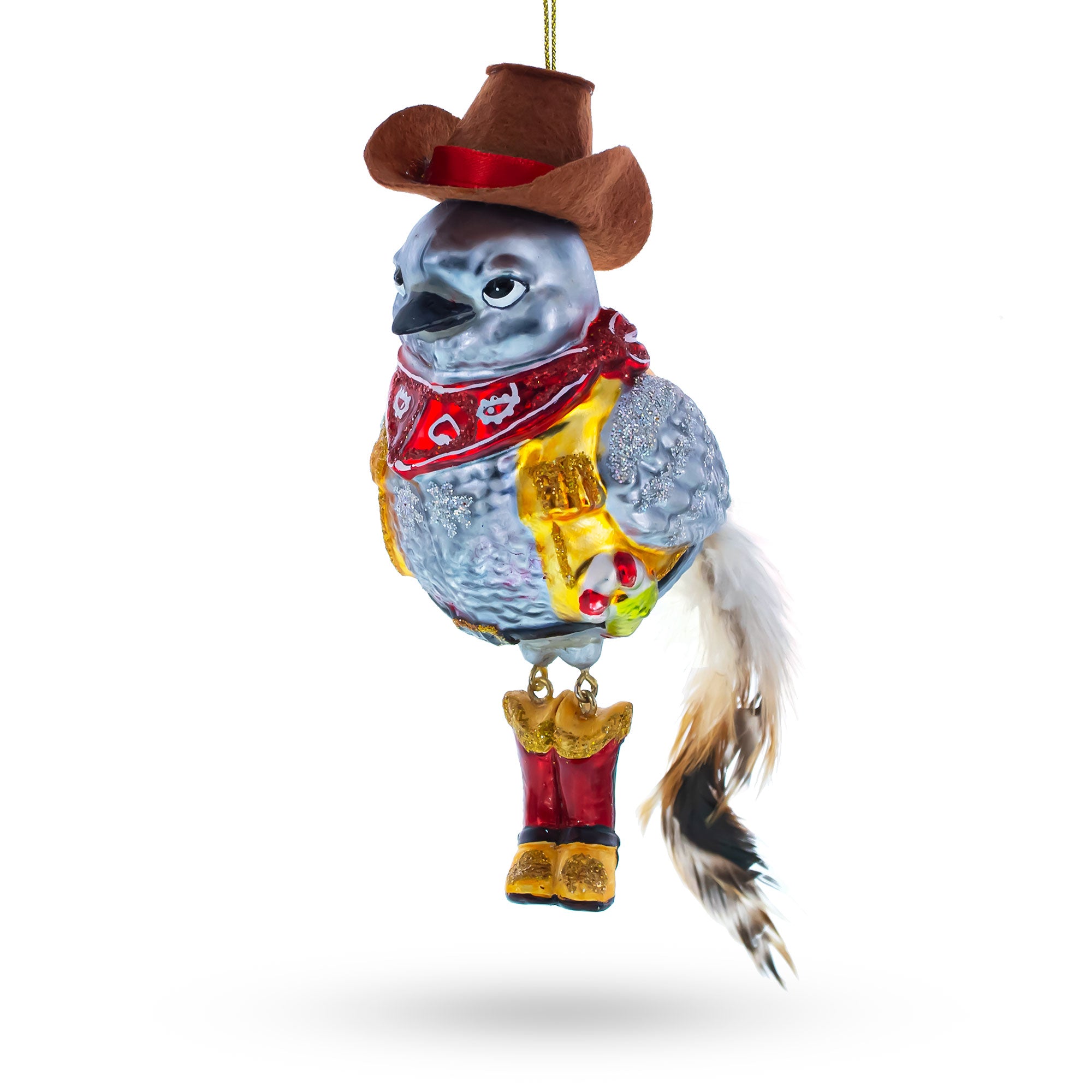 Western Theme Cowboy Bird in Bandana Glass Christmas Ornament in Grey color Figurine
