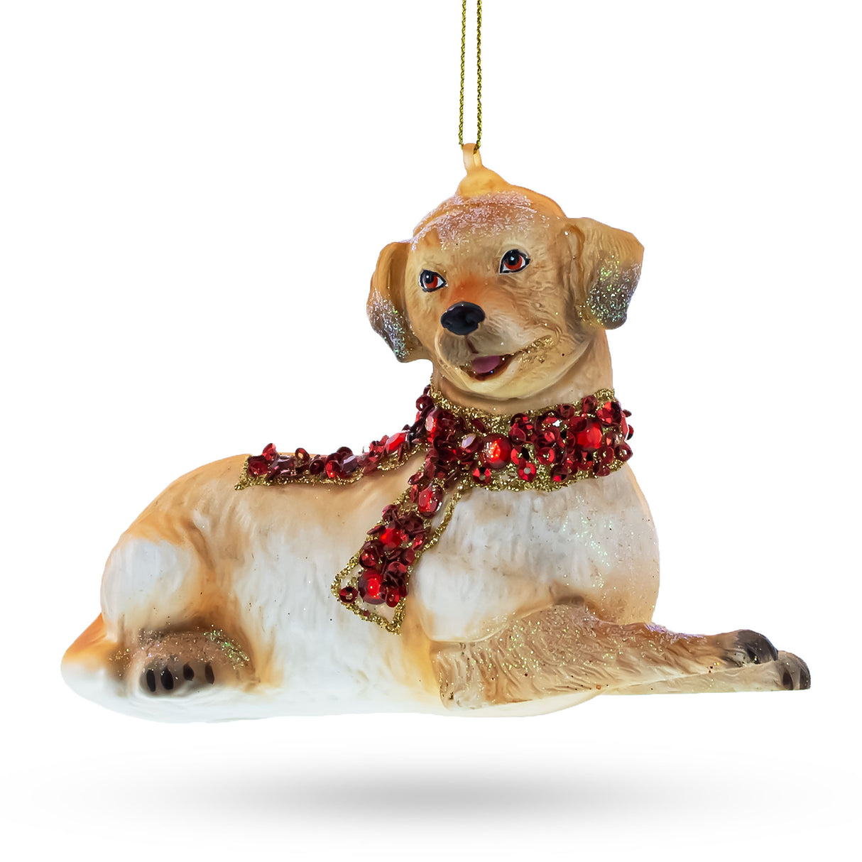 Glass Elegant Golden Retriever with Jeweled Collar - Blown Glass Christmas Ornament in Multi color
