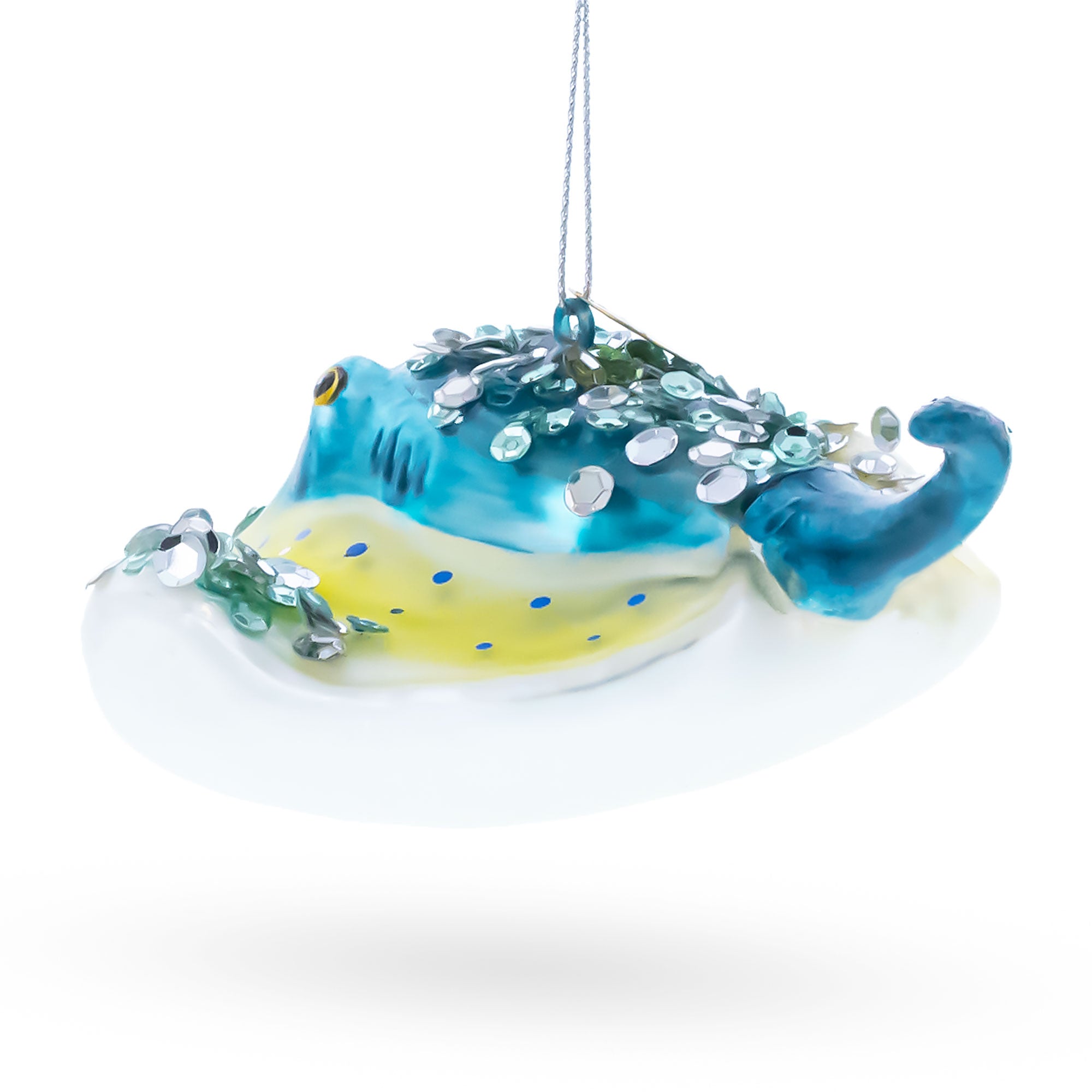 Elegant Blue Stingray Blown Glass Christmas OrnamentChina , dimensions in inches: 4 x 2.2 x 1.9