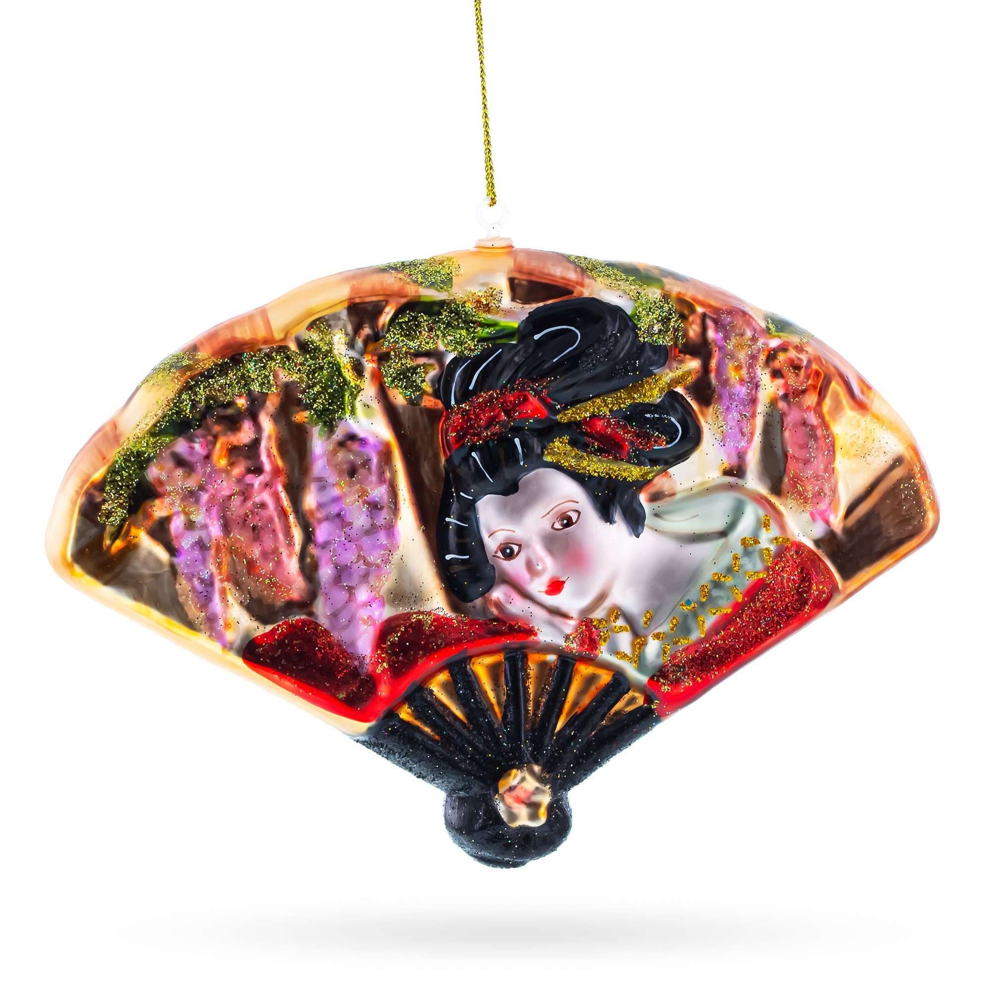 Oriental Fan Glass Christmas Ornament in Black color Figurine