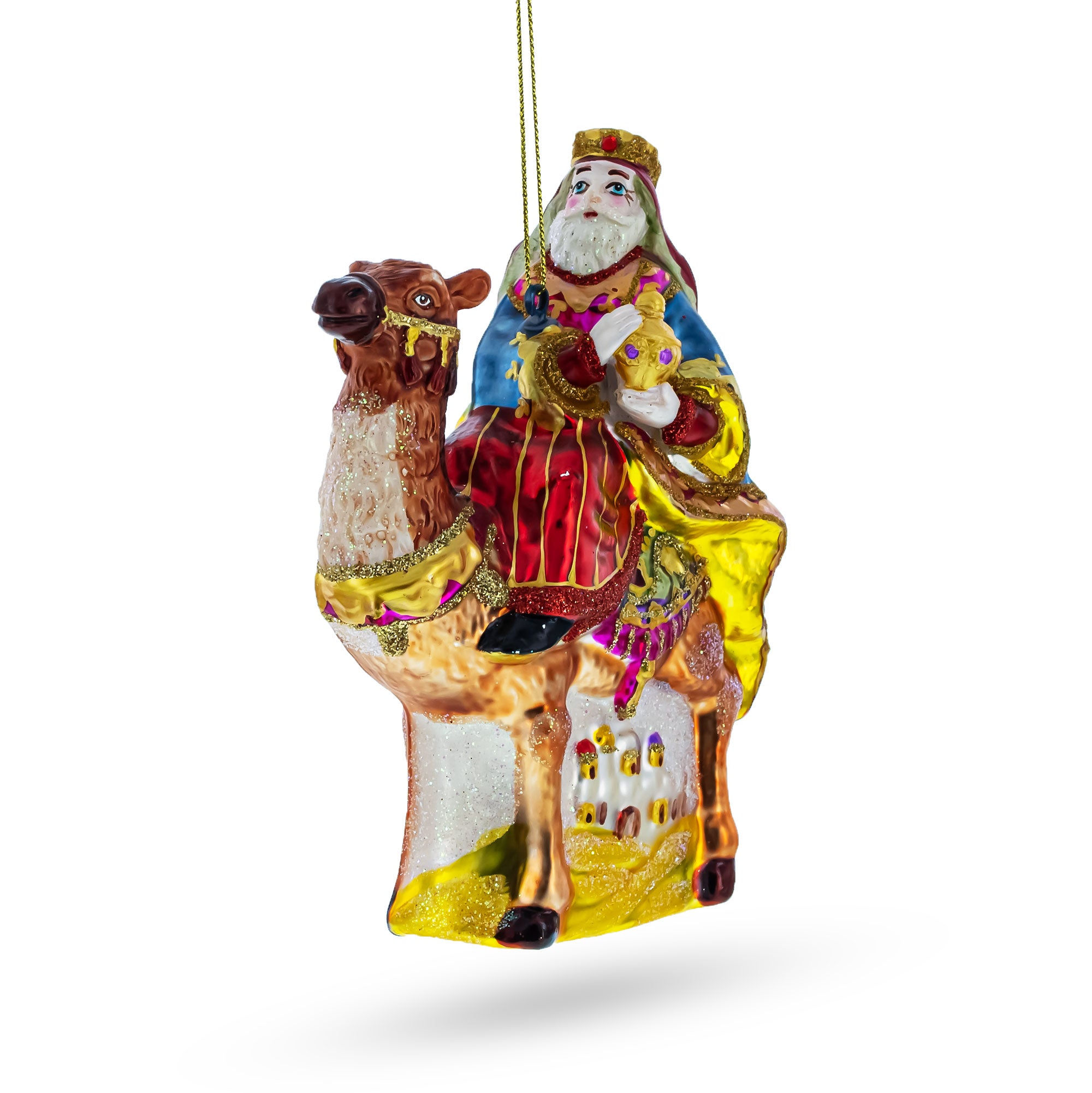 Wiseman on a Camel Glass Christmas Ornament in Brown color Figurine