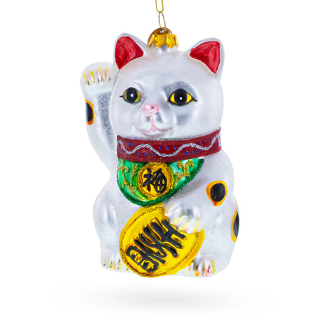 Whimsical Cat with a Bird Cage Glass Christmas Ornament in Multi color Figurine