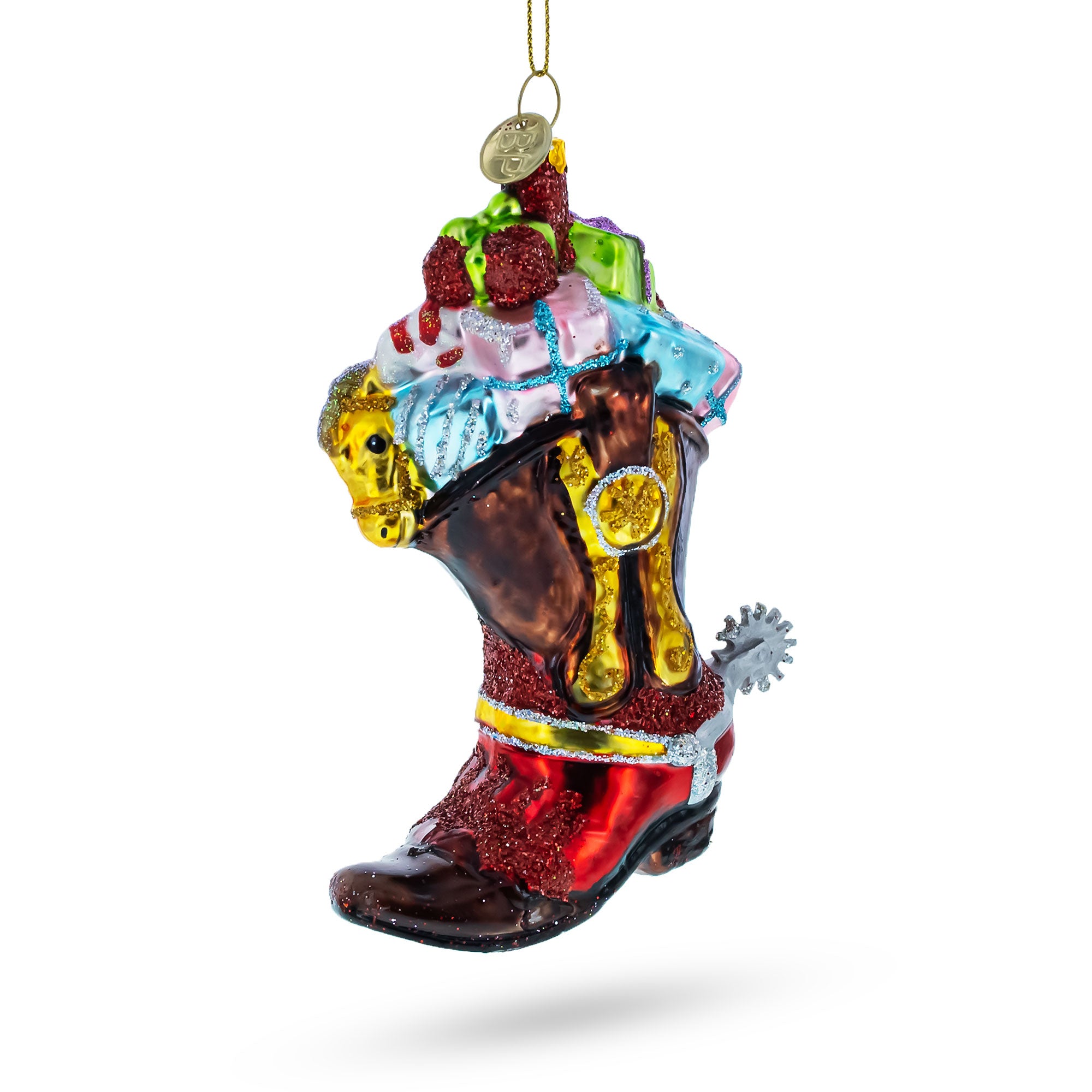 Western Cowboy Boot with Gifts Glass Christmas Ornament in Brown color Figurine