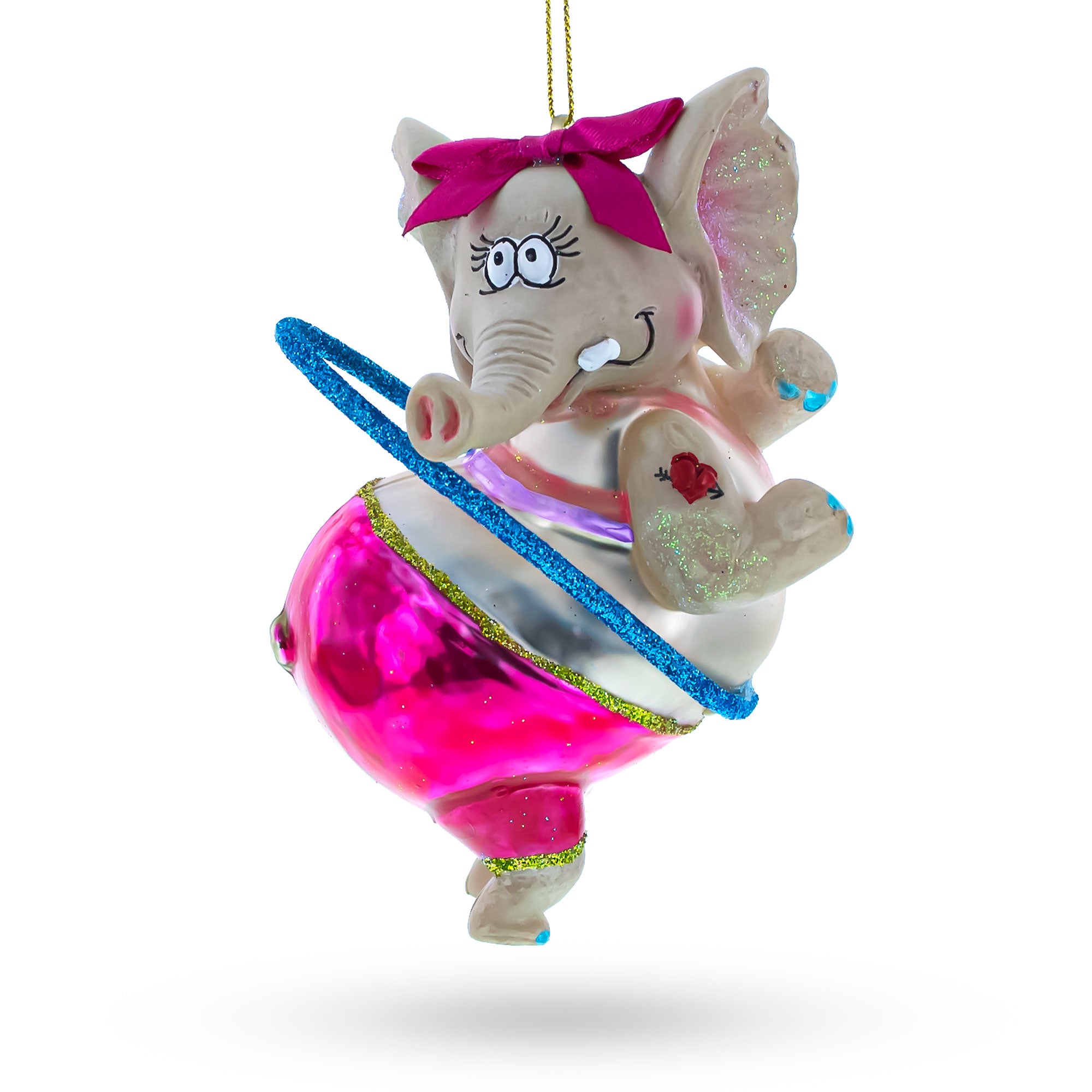 Circus Elephant Balancing Hula Hoop Glass Christmas Ornament in Pink color Figurine