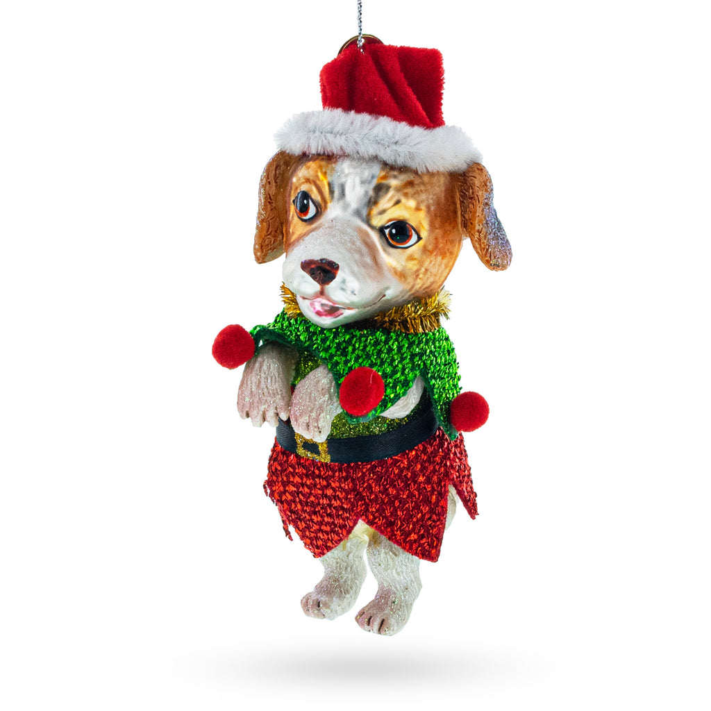 Santa Pup in Elf Costume Glass Christmas Ornament in Multi color Figurine