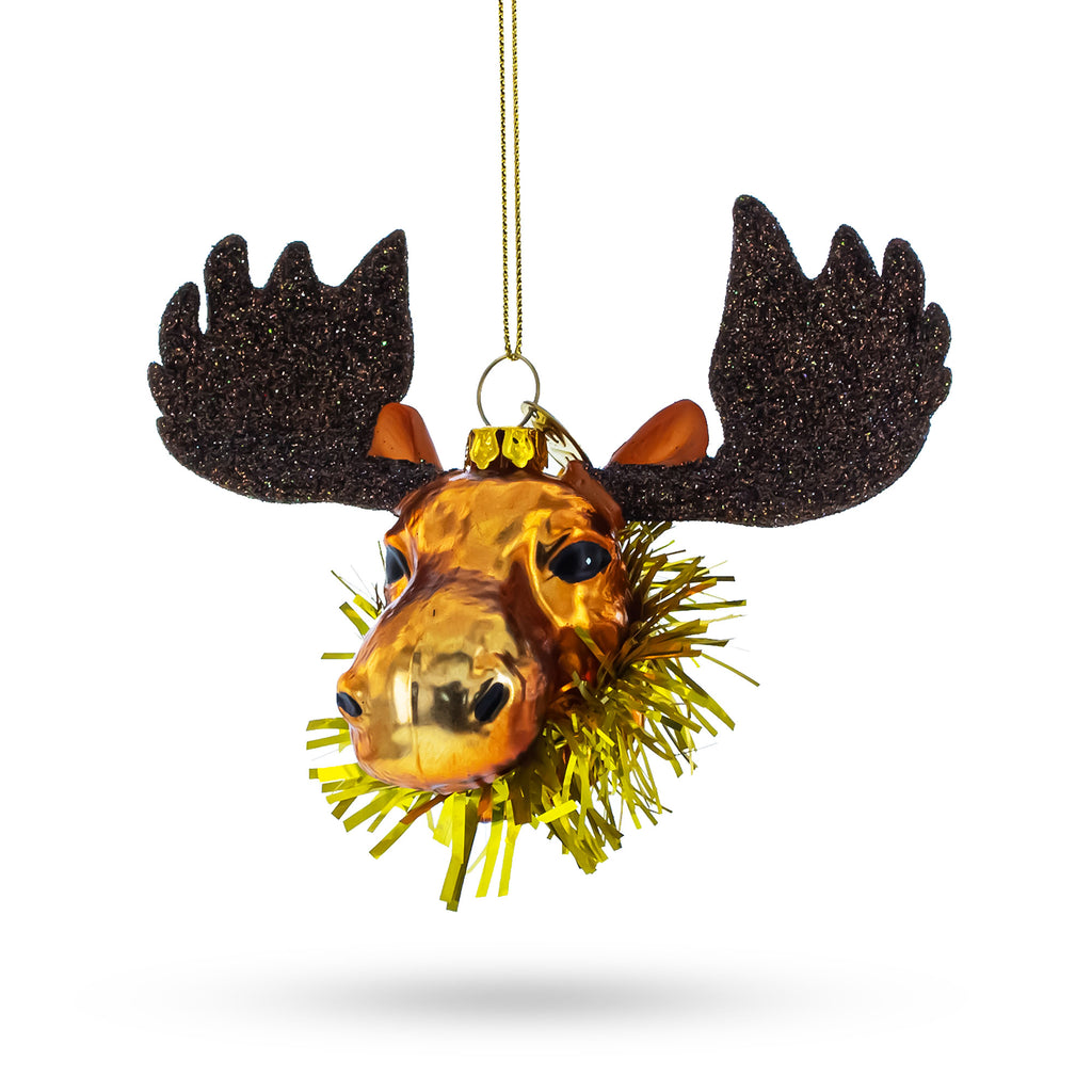 Moose Head Adorned with Tinsel Collar Glass Christmas Ornament in Brown color Figurine