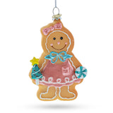 Sweet Gingerbread Girl in Festive Attire - Blown Glass Christmas Ornament in Multi color,  shape