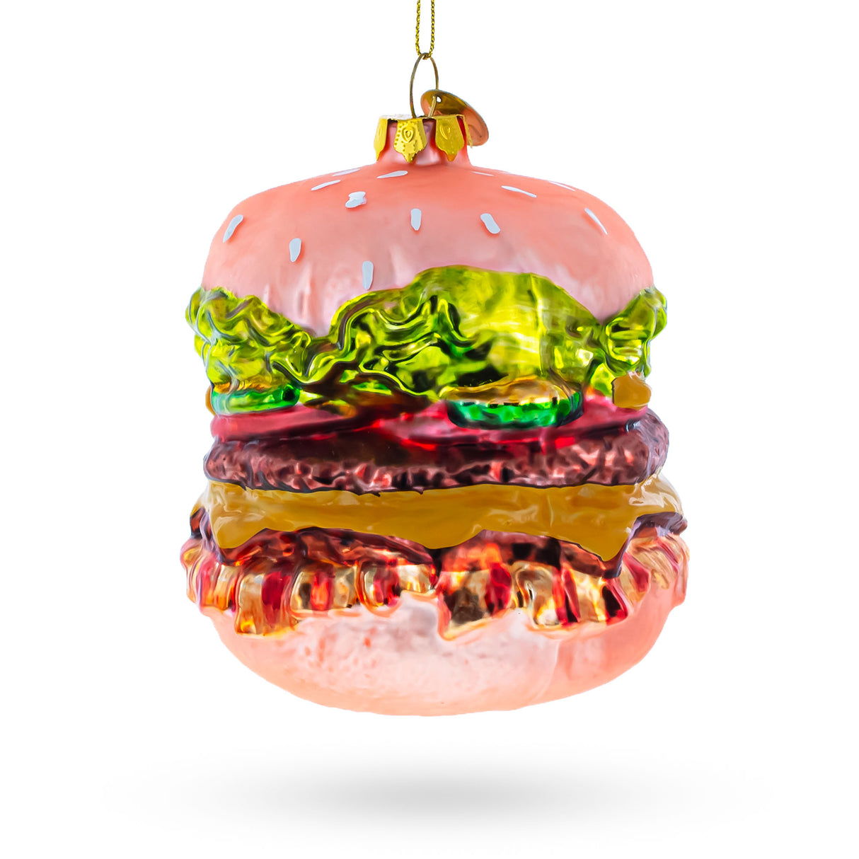 Mouth-Watering Feast: Double Cheeseburger - Blown Glass Christmas Ornament in Multi color,  shape