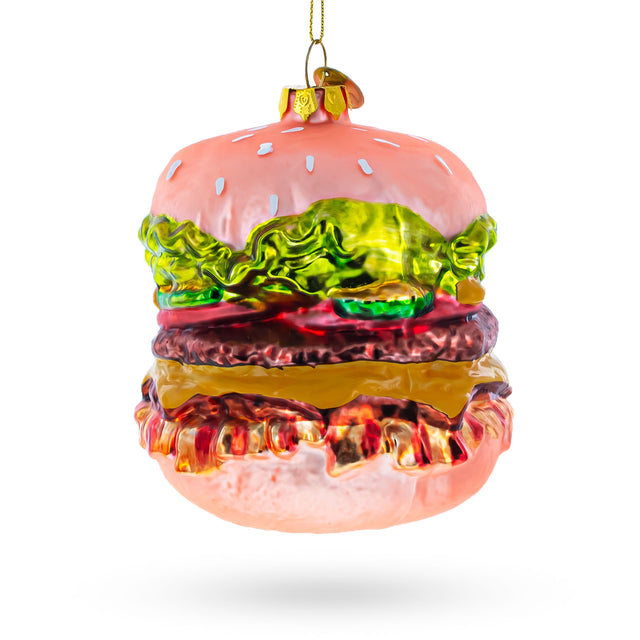 Mouth-Watering Feast: Double Cheeseburger - Blown Glass Christmas Ornament in Multi color,  shape