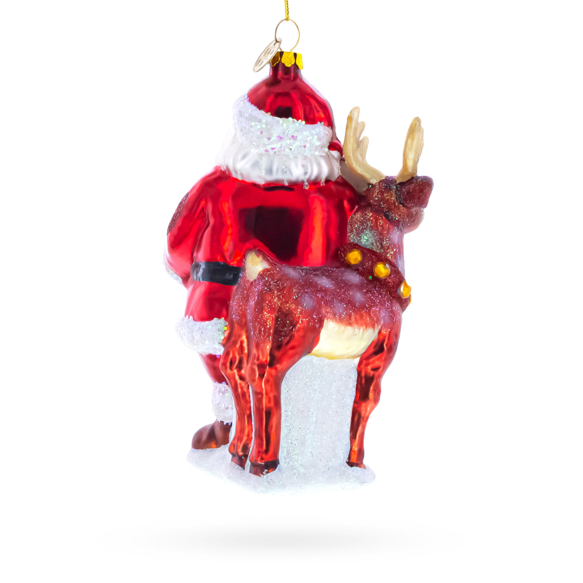 Santa with Reindeer Merry Christmas Sign Glass Christmas OrnamentChina , dimensions in inches: 6.3 x 3.7 x 3.2