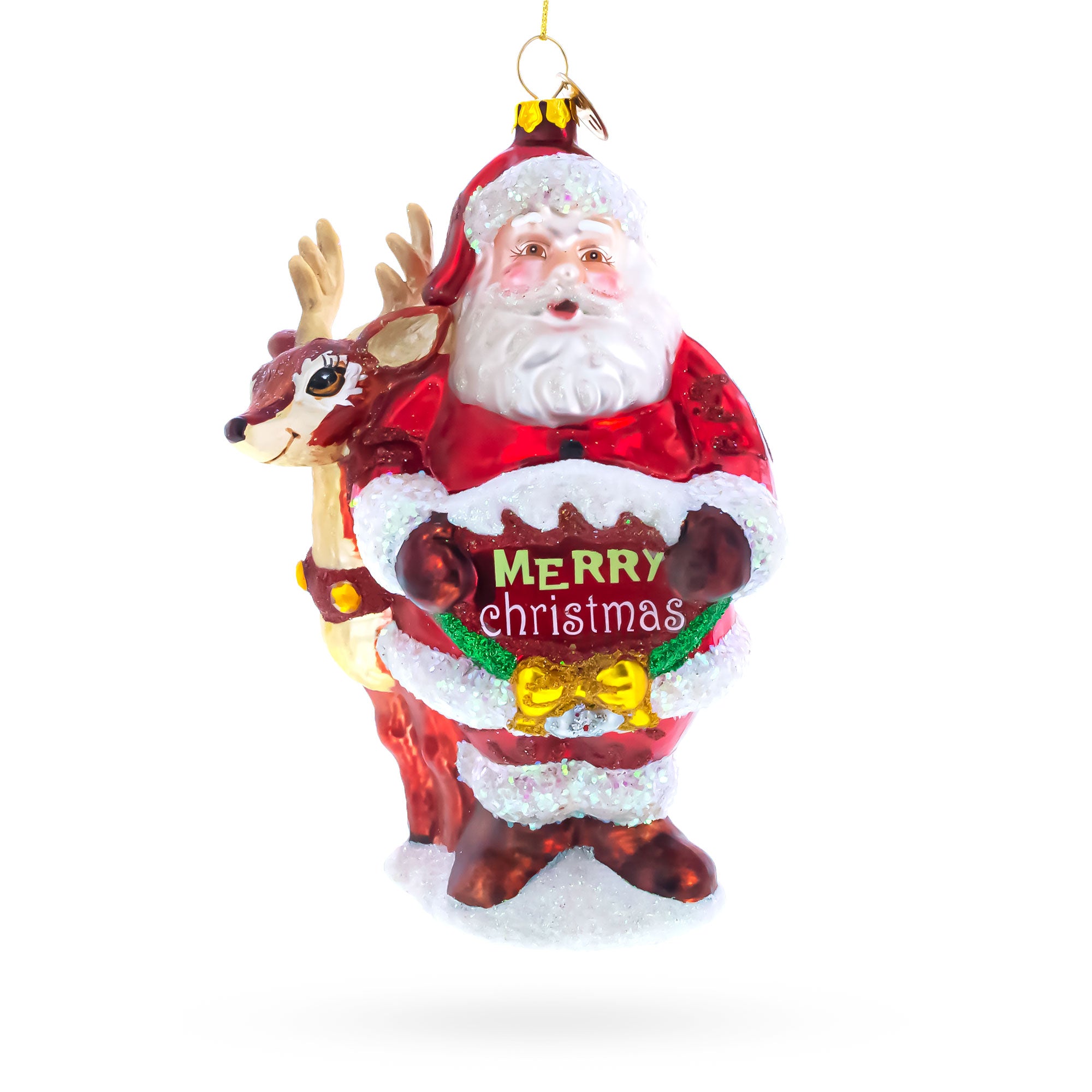 Santa with Reindeer Merry Christmas Sign Glass Christmas Ornament in Red color Figurine