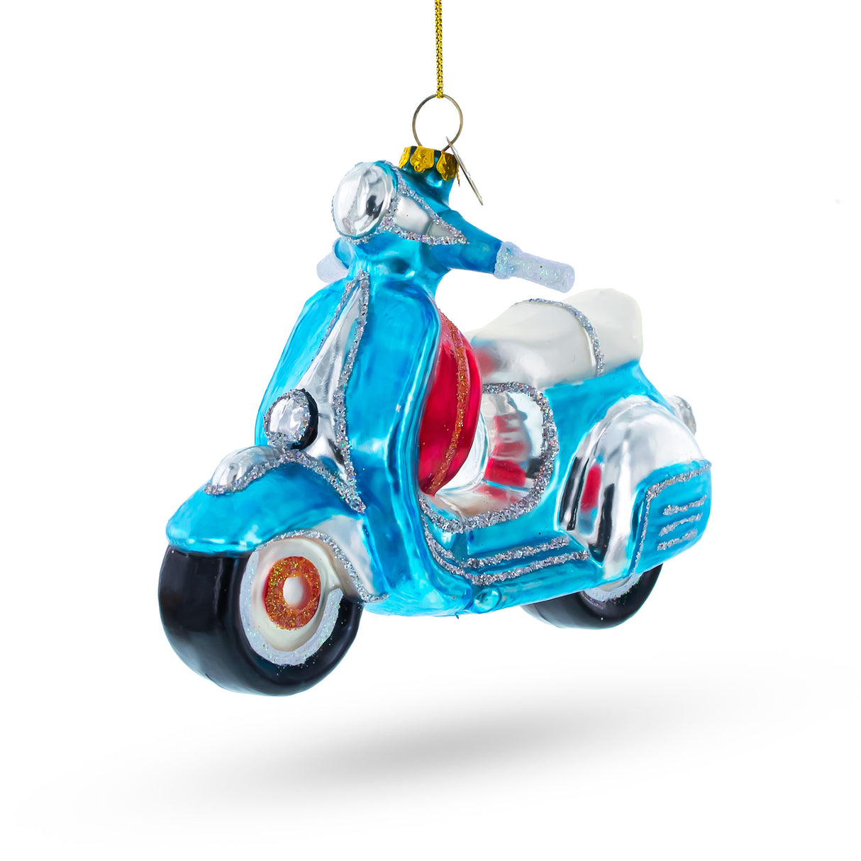 Glass Cruising Through the Holidays: Blue Retro Scooter - Blown Glass Christmas Ornament in Multi color