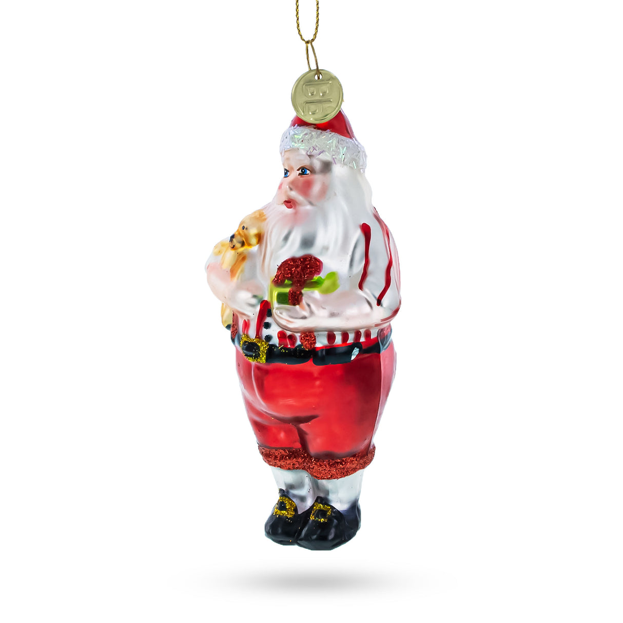 Santa's Cuddle Time: Santa Holding a Teddy Bear - Blown Glass Christmas Ornament in Red color,  shape