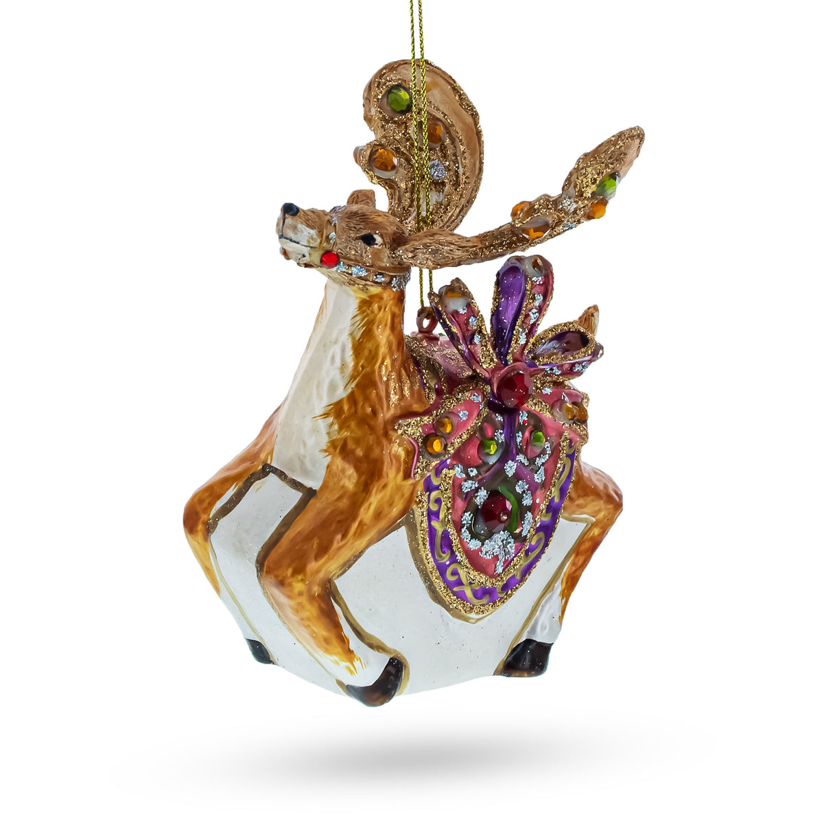 Glass Elegant Prancer: Fancy Reindeer - Blown Glass Christmas Ornament in Multi color