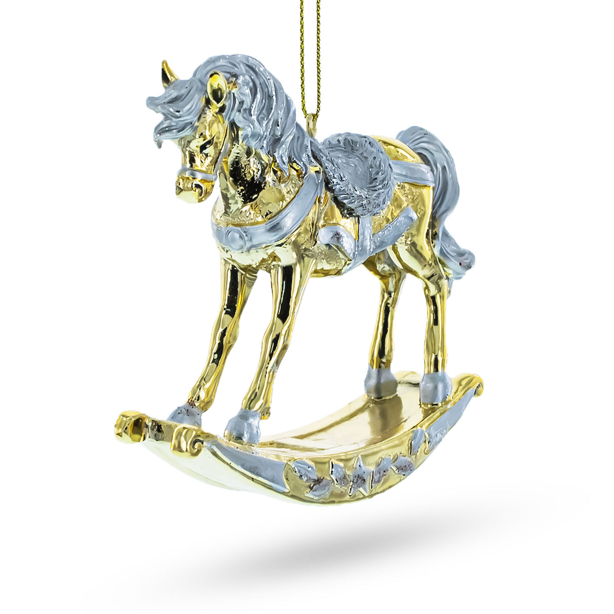 Elegant Golden Rocking Horse - Blown Glass Christmas Ornament in Multi color,  shape