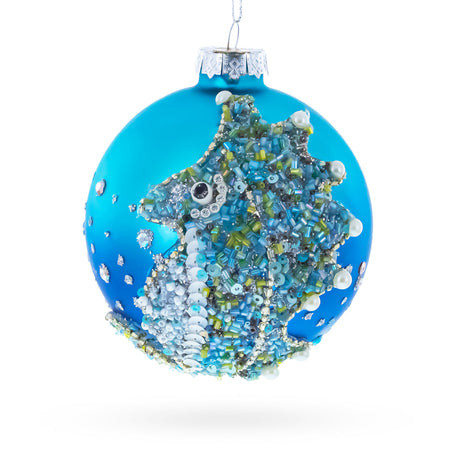 Elegant Beaded Seahorse Blown Glass Christmas Ornament in Blue color Round