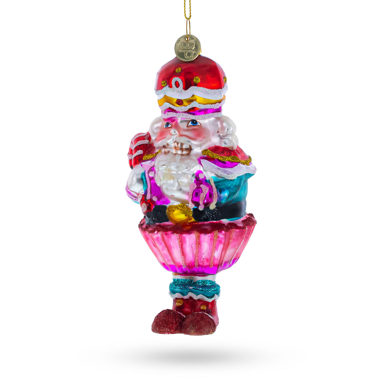 Nutcracker with Cupcake - Blown Glass Christmas Ornament in Multi color,  shape
