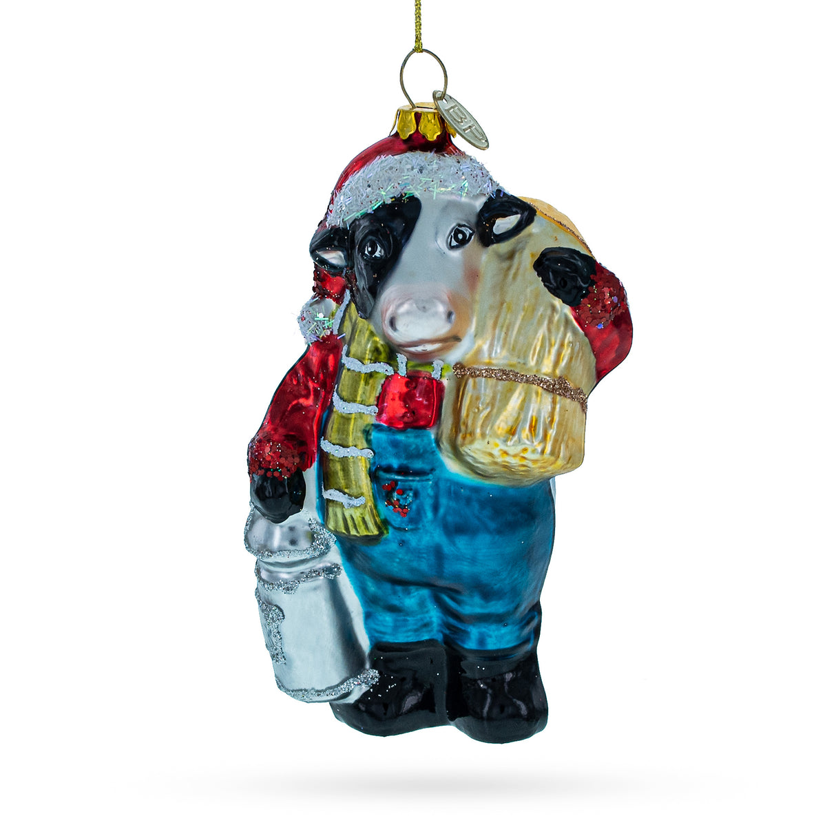 Glass Quaint Cow Carrying Milk Jug - Blown Glass Christmas Ornament in Multi color