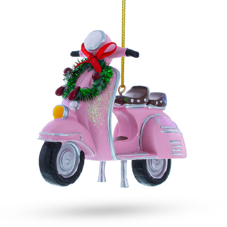 Glass Retro Scooter with Festive Wreath - Christmas Ornament in Pink color