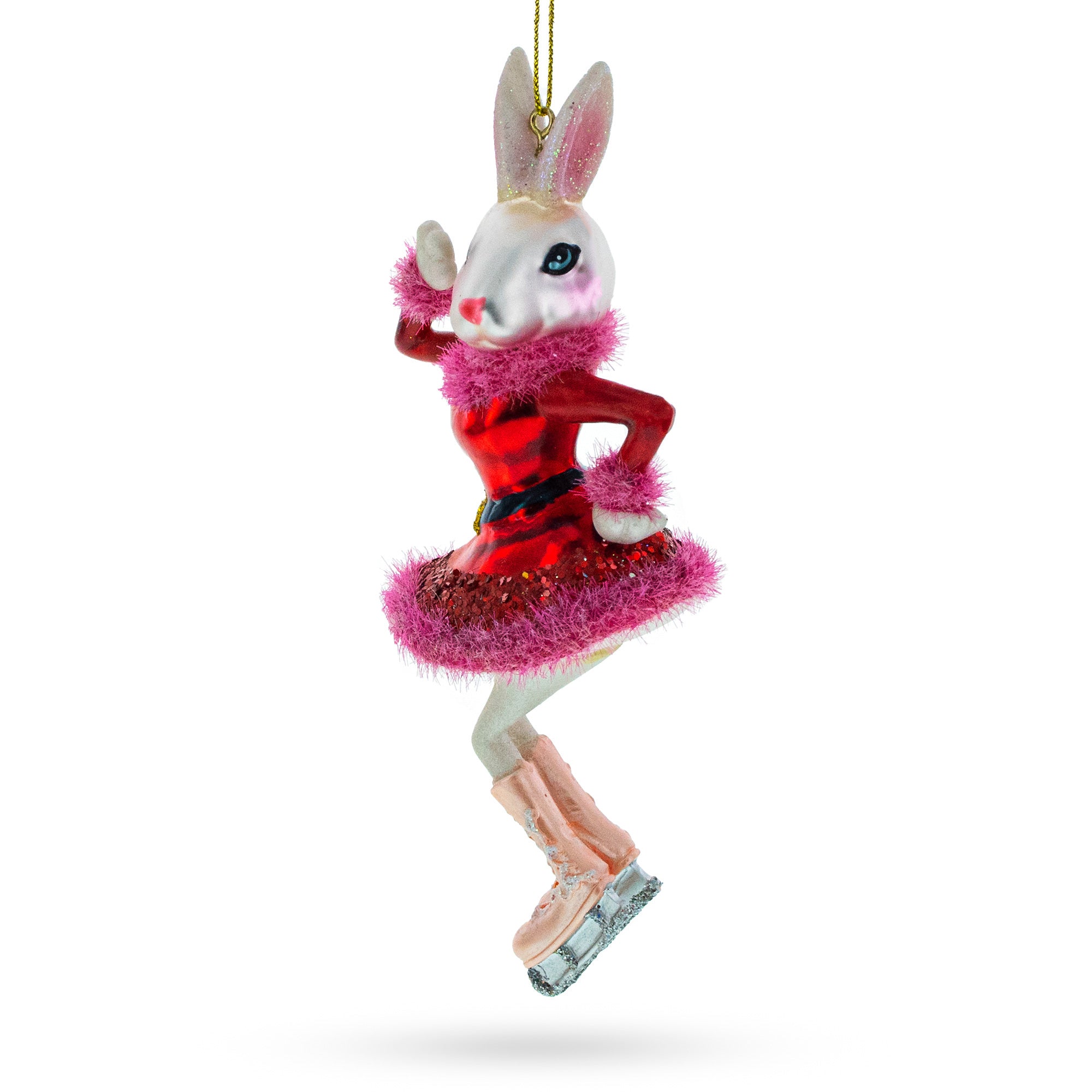 Bunny Ice Skater In Red Dress Glass Christmas Ornament in Red color Figurine