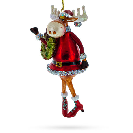 Glass Elegant Reindeer Lady Adorned with Christmas Wreath - Festive Blown Glass Christmas Ornament in Red color