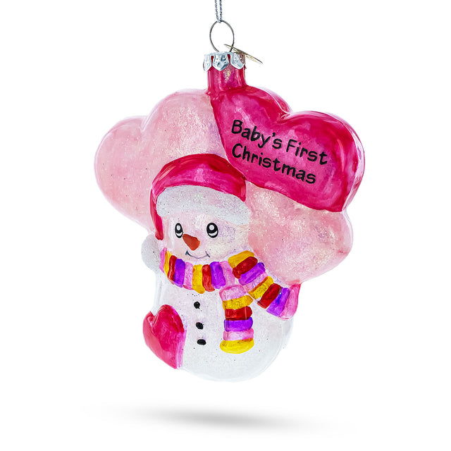 Adorable Pink Snowman Baby's First Christmas - Blown Glass Ornament in Pink color,  shape
