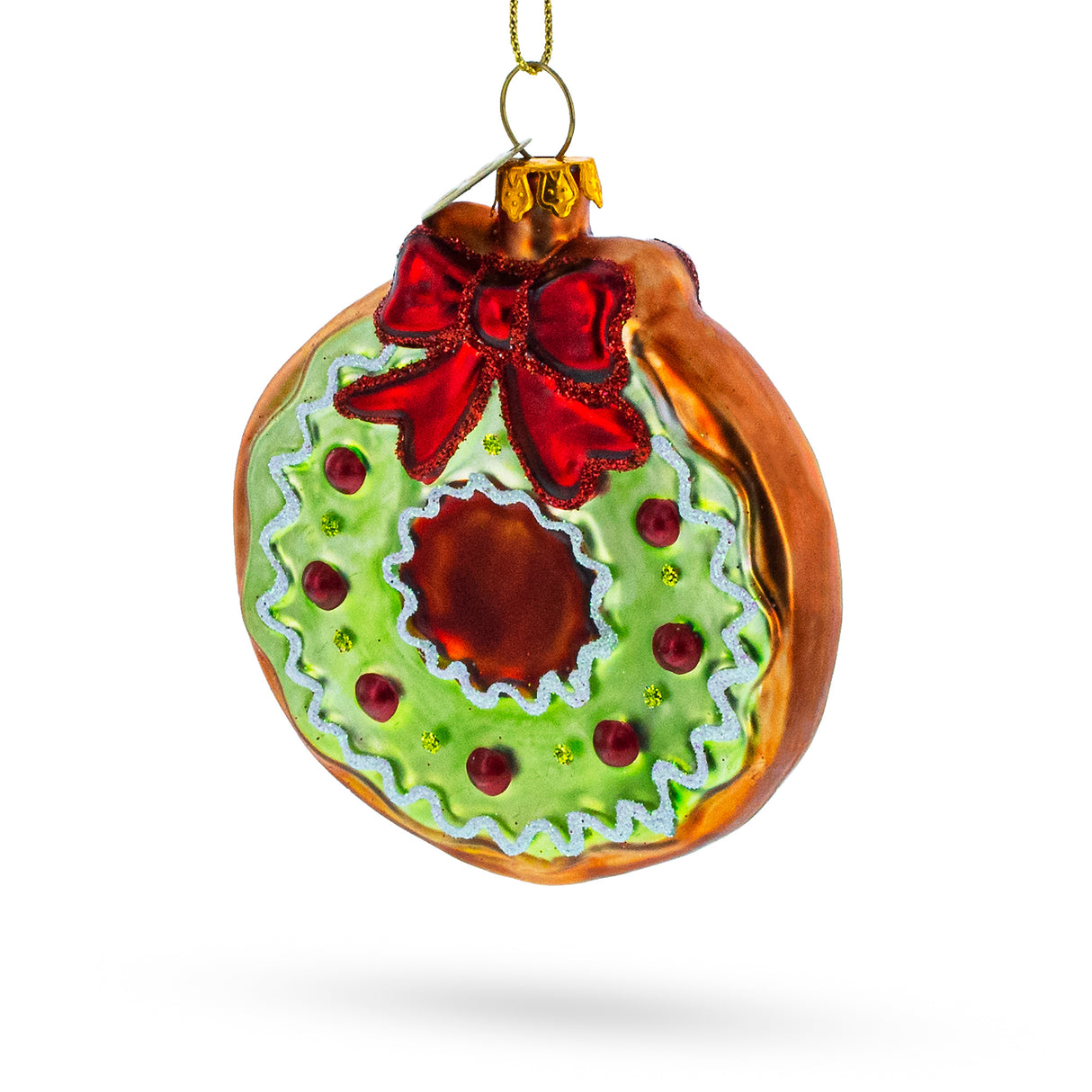 Frosted Green Donut - Blown Glass Christmas Ornament in Multi color, Round shape